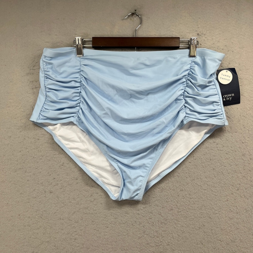 Crown & Ivy Swim Bottoms Womens 2X Blue Ruched Tummy Control High Bikini NEW